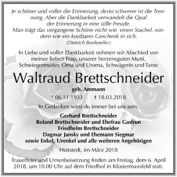 Traueranzeige von Waltraud Brettschneider von Mitteldeutsche Zeitung