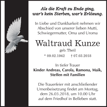Traueranzeige von Waltraud Kunze von Mitteldeutsche Zeitung Bernburg