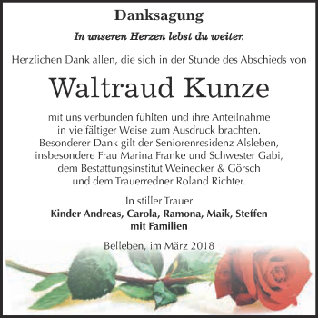 Traueranzeige von Waltraud Kunze von Super Sonntag Bernburg
