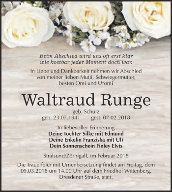Traueranzeige von Waltraud Runge von WVG - Wochenspiegel Wittenberg