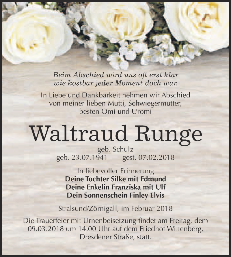  Traueranzeige für Waltraud Runge vom 03.03.2018 aus WVG - Wochenspiegel Wittenberg