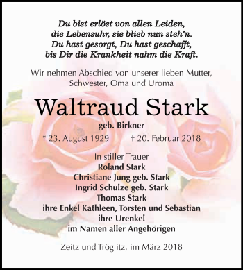 Traueranzeige von Waltraud Stark von Super Sonntag Zeitz