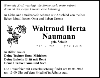 Traueranzeige von Waltraud Herta Naumann von Mitteldeutsche Zeitung Bitterfeld