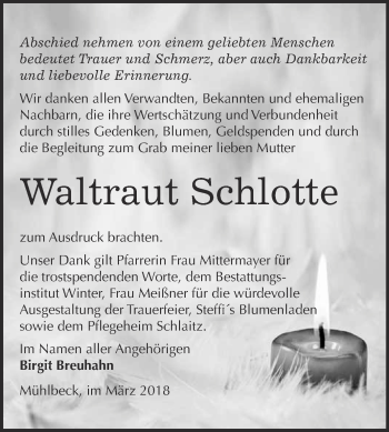 Traueranzeige von Waltraut Schlotte von WVG - Wochenspiegel Bitterfeld