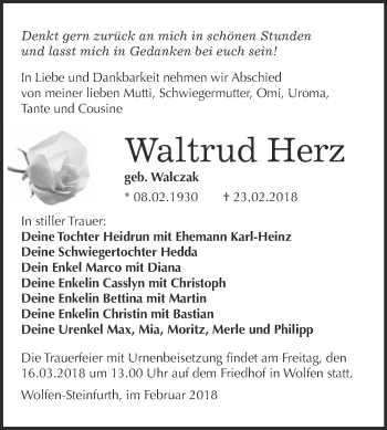 Traueranzeige von Waltrud Herz von WVG - Wochenspiegel Bitterfeld