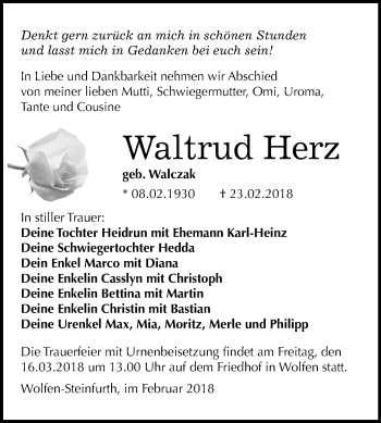 Traueranzeige von Waltrud Herz von Mitteldeutsche Zeitung Bitterfeld