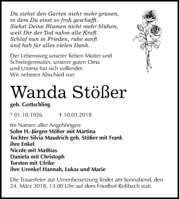 Traueranzeige von Wanda Stößer von Mitteldeutsche Zeitung Merseburg/Querfurt
