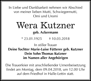 Traueranzeige von Wera Kutzner von Mitteldeutsche Zeitung Halle/Saalkreis