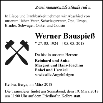 Traueranzeige von Werner Bauspieß von Mitteldeutsche Zeitung Sangerhausen