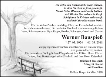 Traueranzeige von Werner Bauspieß von Super Sonntag SGH Mansf. Land