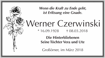 Traueranzeige von Werner Czerwinski von Wochenspiegel Mansfelder Land
