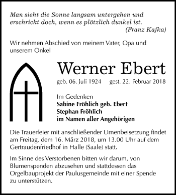 Traueranzeige von Werner Ebert von Mitteldeutsche Zeitung Halle/Saalkreis