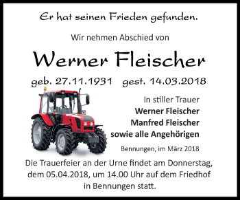 Traueranzeige von Werner Fleischer von Super Sonntag SGH Mansf. Land
