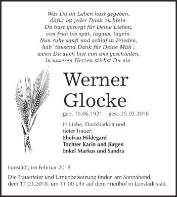 Traueranzeige von Werner Glocke von WVG - Wochenspiegel Merseburg