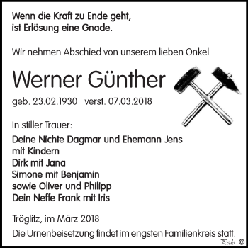 Traueranzeige von Werner Günther von Super Sonntag Zeitz