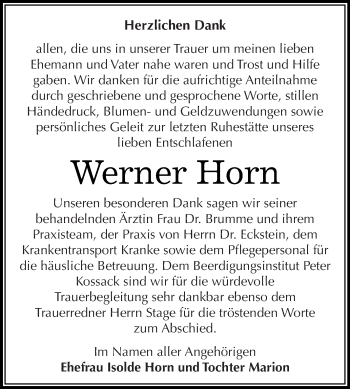 Traueranzeige von Werner Horn von WVG - Wochenspiegel Dessau / Köthen