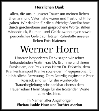 Traueranzeige von Werner Horn von Mitteldeutsche Zeitung Dessau-Roßlau