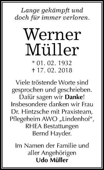 Traueranzeige von Werner Müller von Mitteldeutsche Zeitung Halle/Saalkreis