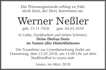 Traueranzeige von Werner Neßler von WVG - Wochenspiegel Merseburg