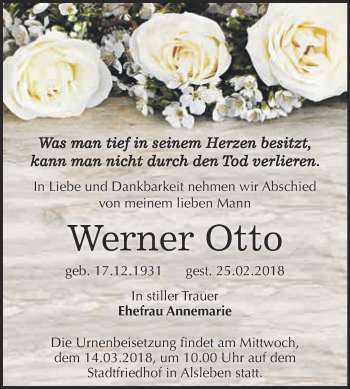 Traueranzeige von Werner Otto von Super Sonntag Bernburg