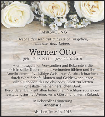 Traueranzeige von Werner Otto von Super Sonntag Bernburg