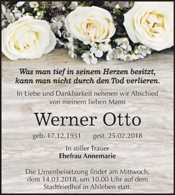 Traueranzeige von Werner Otto von Mitteldeutsche Zeitung Bernburg