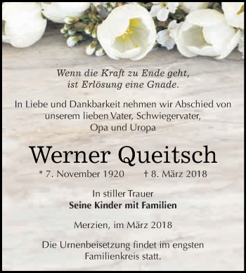 Traueranzeige von Werner Queitsch von WVG - Wochenspiegel Dessau / Köthen