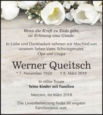 Traueranzeige von Werner Queitsch von Mitteldeutsche Zeitung Köthen