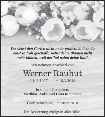 Traueranzeige von Werner Rauhut von Super Sonntag Aschersleben