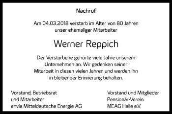 Traueranzeige von Werner Reppich von Mitteldeutsche Zeitung