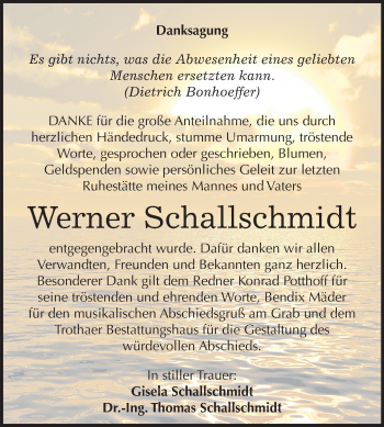 Traueranzeige von Werner Schallschmidt von Mitteldeutsche Zeitung Halle/Saalkreis
