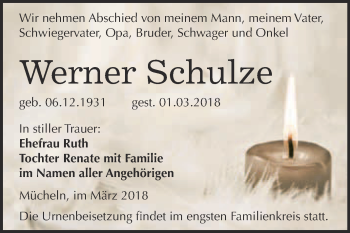 Traueranzeige von Werner Schulze von WVG - Wochenspiegel Merseburg