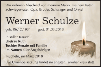 Traueranzeige von Werner Schulze von Mitteldeutsche Zeitung Merseburg/Querfurt