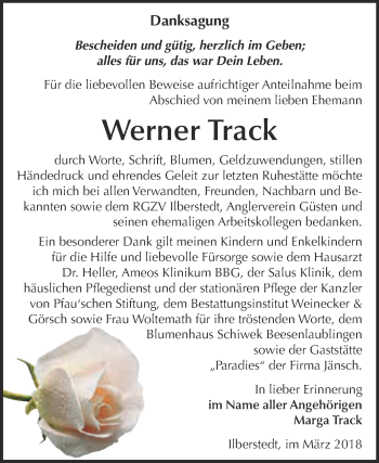 Traueranzeige von Werner Track von Super Sonntag Bernburg