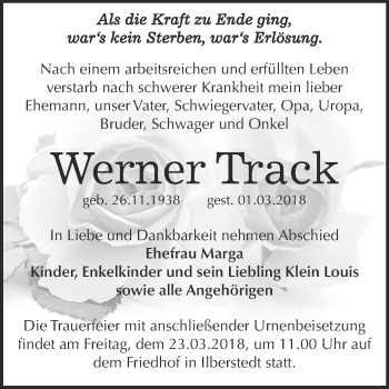 Traueranzeige von Werner Track von Super Sonntag Bernburg