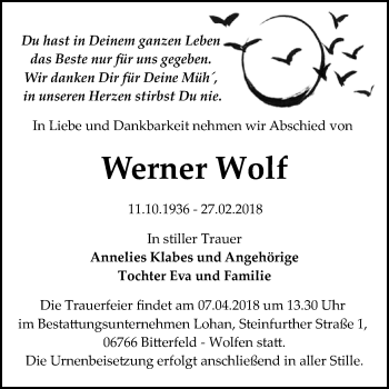 Traueranzeige von Werner Wolf von WVG - Wochenspiegel Bitterfeld