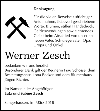 Traueranzeige von Werner Zesch von Mitteldeutsche Zeitung Sangerhausen