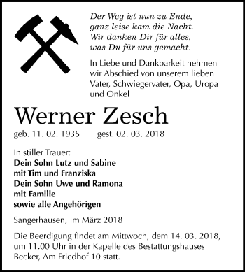 Traueranzeige von Werner Zesch von Mitteldeutsche Zeitung Sangerhausen