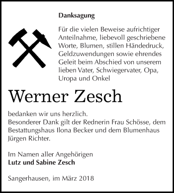 Traueranzeige von Werner Zesch von Super Sonntag SGH Mansf. Land