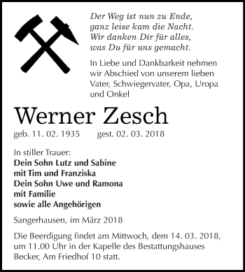 Traueranzeige von Werner Zesch von Super Sonntag SGH Mansf. Land