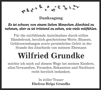 Traueranzeige von Wilfried Grundke von Super Sonntag Bernburg