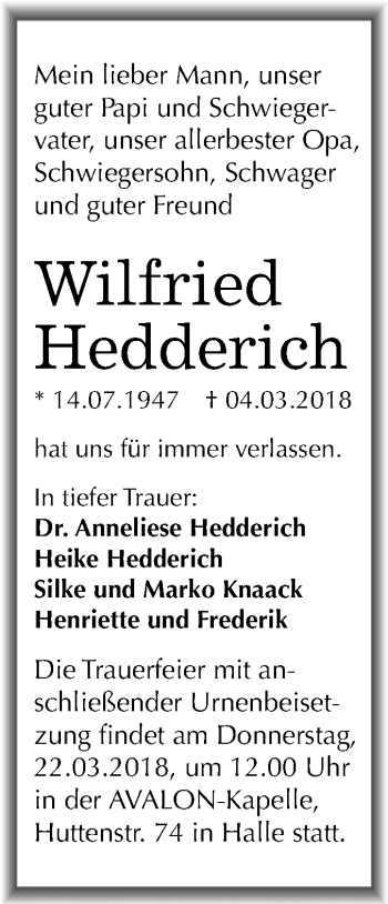 Traueranzeige von Wilfried Hedderich von Mitteldeutsche Zeitung Halle/Saalkreis