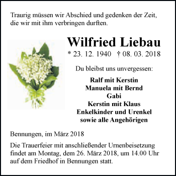 Traueranzeige von Wilfried Liebau von WVG - Wochenspiegel SGH