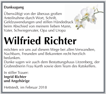 Traueranzeige von Wilfried Richter von Wochenspiegel Mansfelder Land
