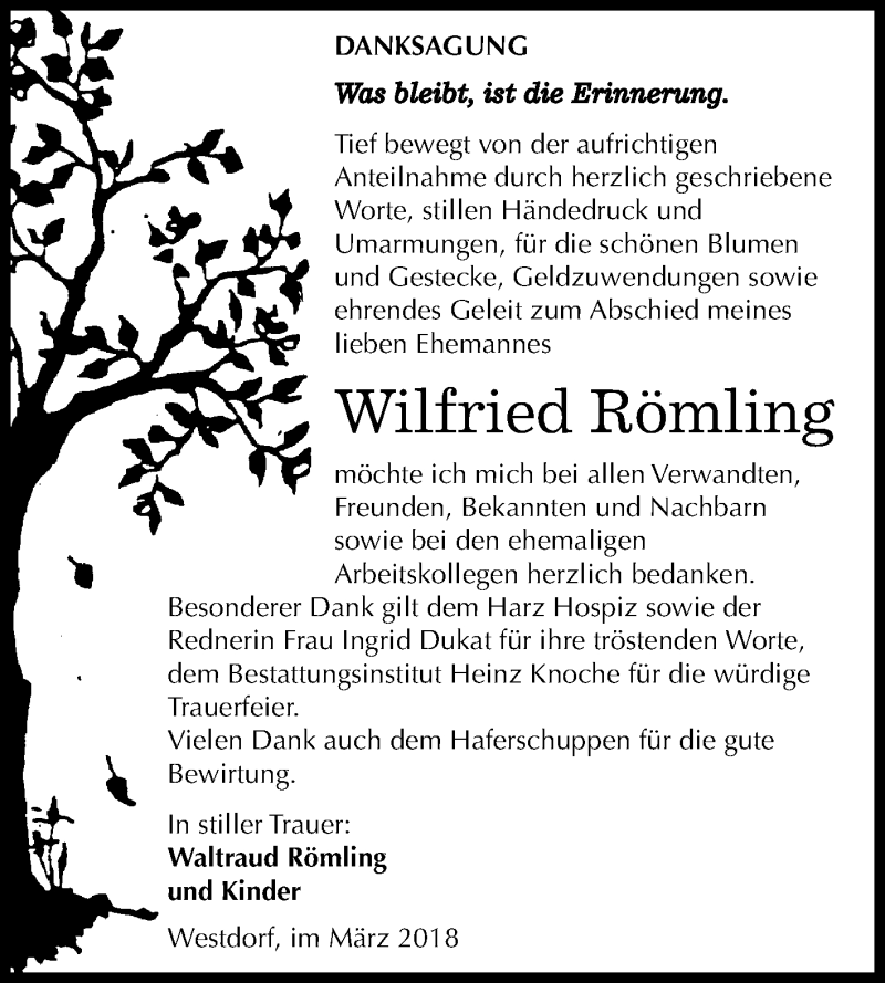  Traueranzeige für Wilfried Römling vom 17.03.2018 aus Mitteldeutsche Zeitung Aschersleben