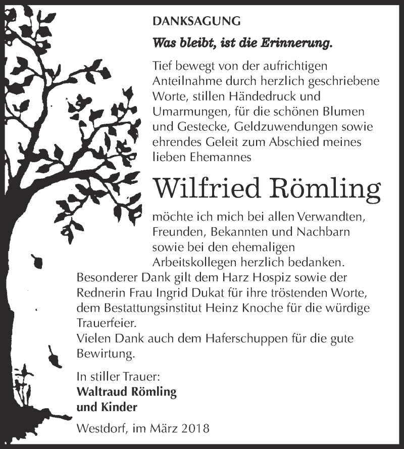  Traueranzeige für Wilfried Römling vom 17.03.2018 aus Super Sonntag Aschersleben