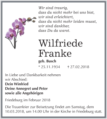 Traueranzeige von Wilfriede Franke von Mitteldeutsche Zeitung Halle/Saalkreis