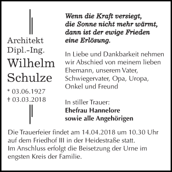 Traueranzeige von Wilhelm Schulze von WVG - Wochenspiegel Dessau / Köthen