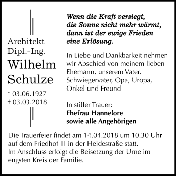 Traueranzeige von Wilhelm Schulze von Mitteldeutsche Zeitung Dessau-Roßlau