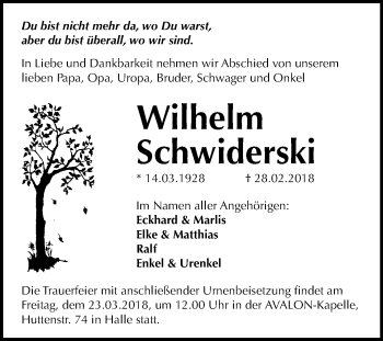 Traueranzeige von Wilhelm Schwiderski von Mitteldeutsche Zeitung Halle/Saalkreis